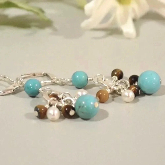 Turquoise Earrings, Tiger Eye, Turquoise, Pearl, Wedding Jewelry,Western Wedding - Picture 3 of 3